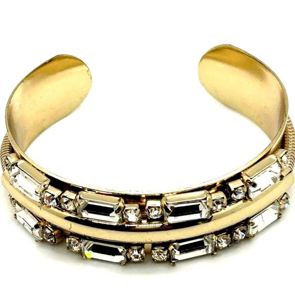 Gold-tone Cuff Bracelet Art Deco Style with Mirror Finish Crystal Baguettes - Picture 8 of 11